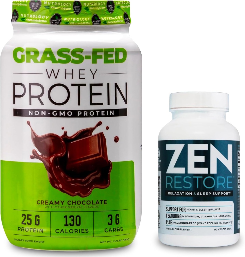 Nutrologie Gras Fed Wei Proteïne Poeder, Ondersteunt Lean Muscle Recovery & Performance, Romige Chocolade Smaak (28 Servings) Zen Natural Magnesium Supplement (30 Servings)