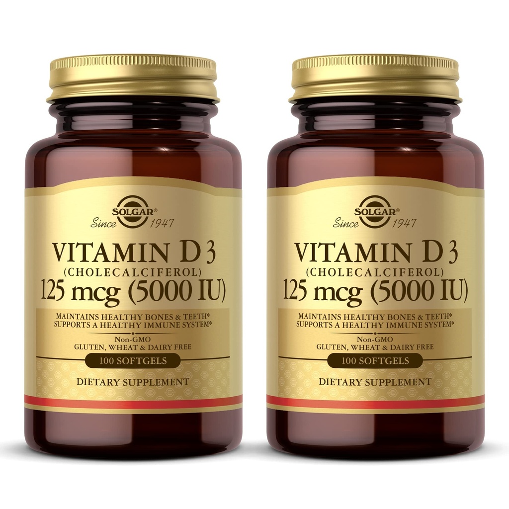Solgar Vitamine D3 (Cholecalciferol) 10 mcg (400 IE) - 100 Softgels, Verpakking van 2 - Helpt gezonde botten en tanden - Immuunsysteemondersteuning - Non-GMO, Glutenvrij, Zuivelvrij - 200 Totaal porties