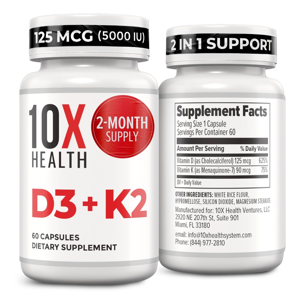 10X Health Vitamin D3 5000 IE & K2 MK7 - Menachinon 7, High-Potency D3 K2 Vitamine Supplement for Bone Health, Heart and Teeth - 125 mcg Vitamine D & 90 mcg Vitamine K2--60 Capsules