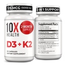 10X Health Vitamin D3 5000 IE & K2 MK7 - Menachinon 7, High-Potency D3 K2 Vitamine Supplement for Bone Health, Heart and Teeth - 125 mcg Vitamine D & 90 mcg Vitamine K2--60 Capsules