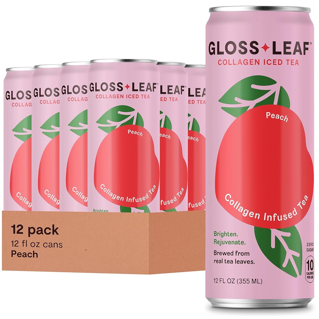Gloss Leaf Collageen Iced Tea (Zero-Sugar, Perzik): Gebrouwen zwarte thee met Collageen Peptides Proteïne & Vitamine C, Beauty & Anti-Aging, 12 Fl Oz, 12 Pack