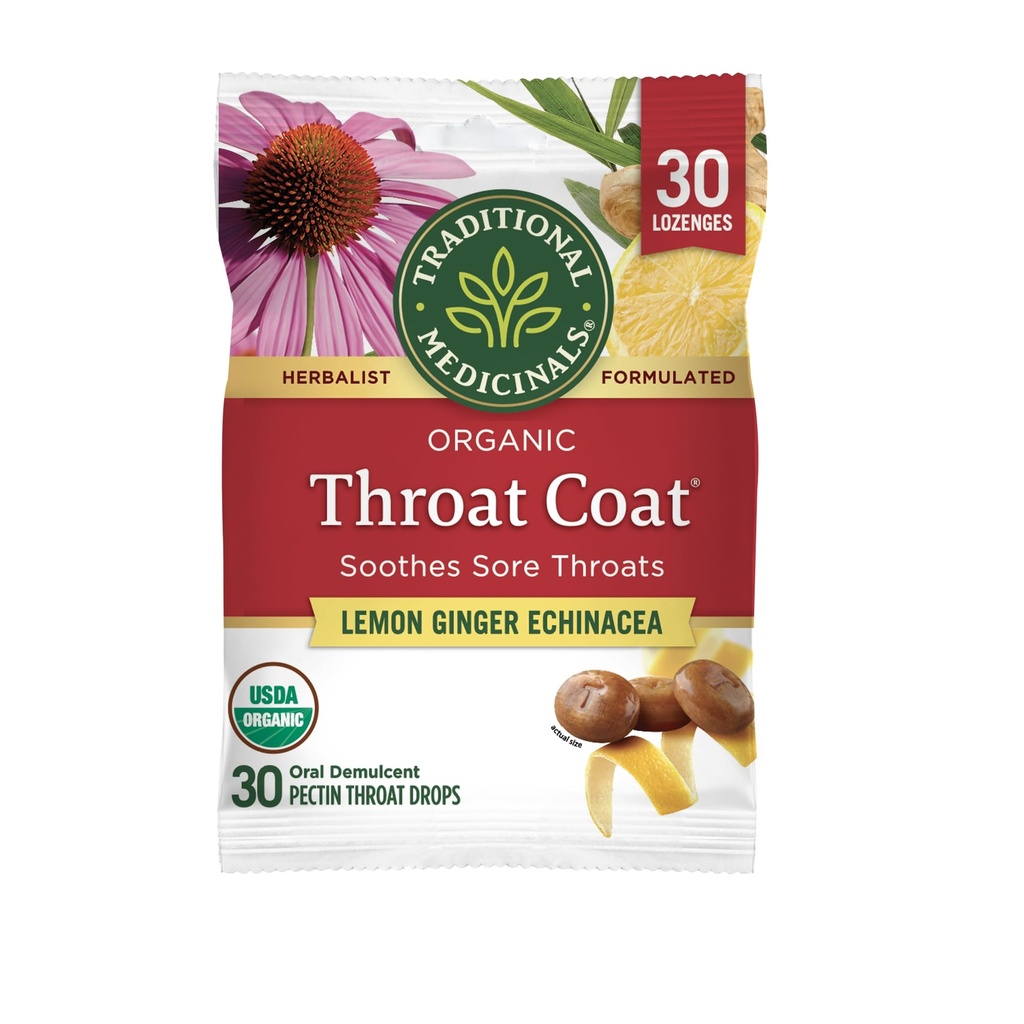 Traditionele Medicijnen Lozen, Biologische Troat Coat Citroen Ginger Echinacea, Sore Throat Support, 30 Individually Wrapped Lozen