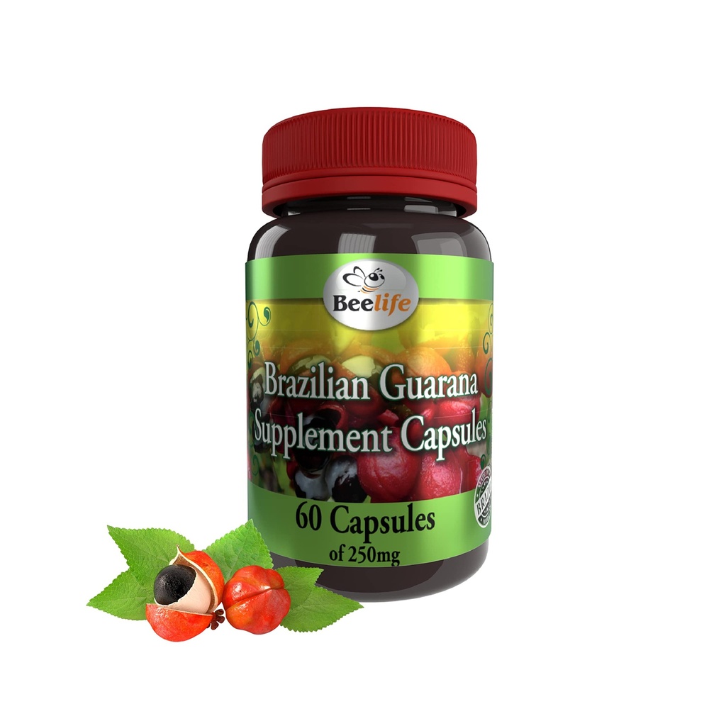 Beelife Braziliaanse Guarana Capsules - Natuurlijke Cafeïne Supplementen uit Brazilië - Energie &amp; Geestelijke Focus, Spierkracht Ondersteuning - Zero Gluten, Geen Sugar Pre Workout voor mannen & Women - 250mg 60 Caps