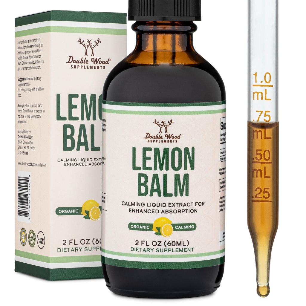 Double Wood Suppléments Bio Lemon Baume Teinture - pour Digestion et Relaxation 590mg - 2FL OZ, 120 portions (Meilleur Absorbé que Capsules, Idéal pour Lemon Baume Tea)