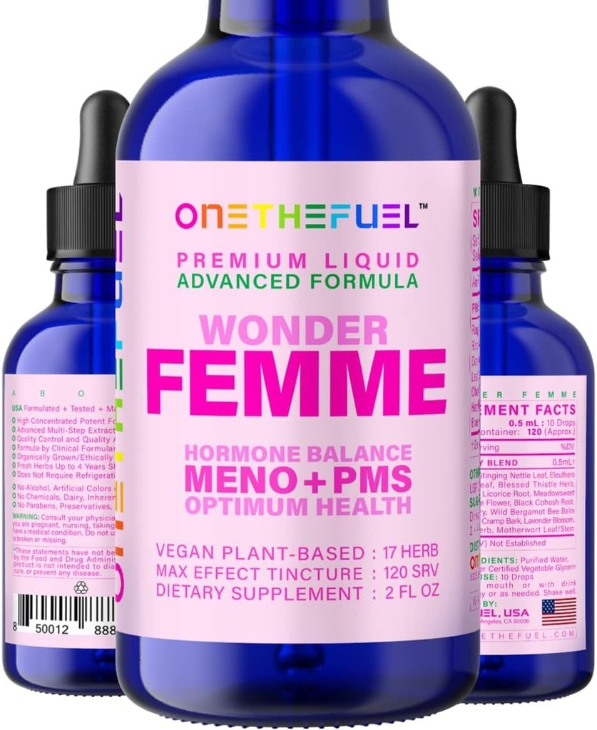 Wonder Femme Plant-Based Hormone Balance Menopauze Hot Flashes Relief Support 100% Natuurlijke 17 Kruiden Vrouwen Estrogen Health Supplement Dong Quai Vitex + Fast Absorb Tinctuur 2 oz. vloeibaar