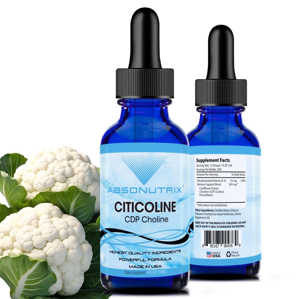 Absonutrix Citicoline 590 mg, 4 Oz bouteille, 200 portions, Fabriqué aux États-Unis, Absorption rapide, Ingrédients Potent de qualité, Non-OGM, GMP certifié, Produits sans cruauté