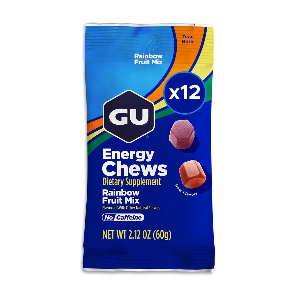 GU Energy Chews, Rainbow Mix Energie Gummies met Elektrolyten, Dairy-Free, On-The-Go Energy voor elke training, 12 Zakken (24 Servers Totaal)
