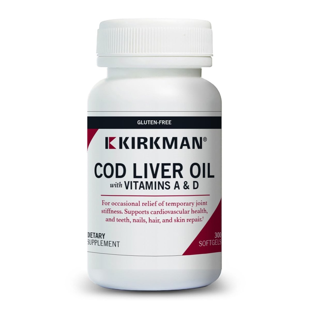 Kirkman - Huile de foie de morue avec vitamine A et D - 300 Softgels - Acides gras essentiels - Soutient la santé fondamentale - Hypoallergénique
