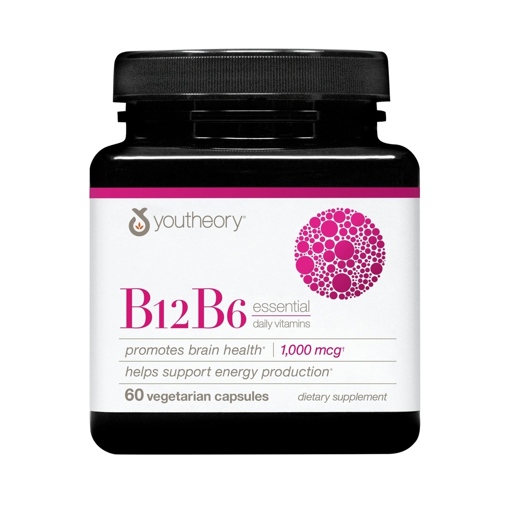 Youtheory B12B6 - Vegan Vitamin B6 & Vitamin B12 - Biedt hersenen Gezondheid, Energie en Immuniteit Ondersteuning* - Zuivel, soja en glutenvrij - 60 Vegetarische Capsules