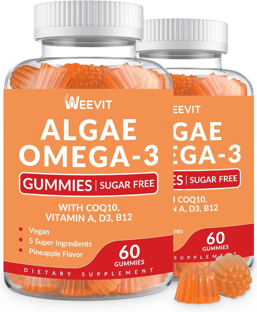 Vegan Omega 3 Gummies, Algen Omega-3 Supplement DHA 240mg, EPA 110mg w/Vitamine B12, CoQ10, Visolie Alternatief voor volwassenen - Hersenen, Botten, Oog & Immuniteit Ondersteuning