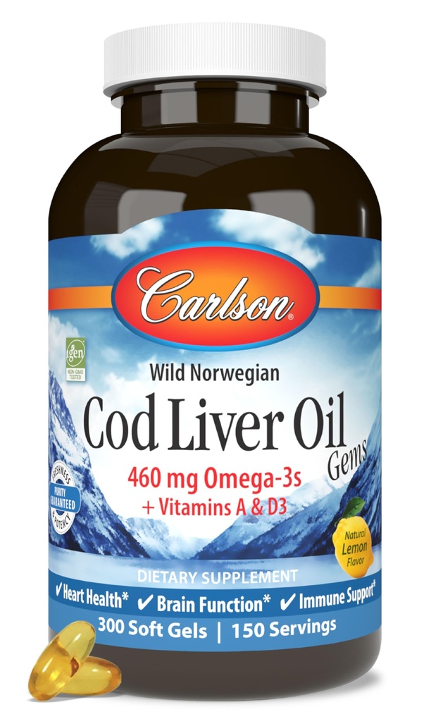 Carlson - Cod Liver Oil, 460 mg Omega-3s + Vitaminen A & D3, Wild-Caught Norwegian Arctic Cod-Live Oil, Sustainablely Sourced Nordic Fish Oil Capsules, Lemon, 300 Softgels