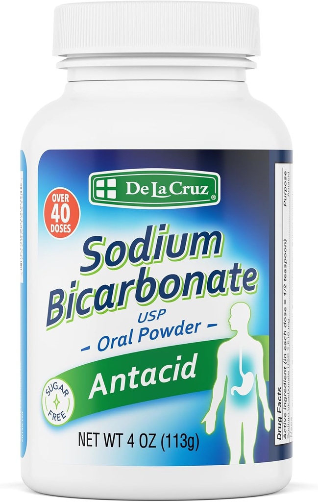De La Cruz Pure Sodium Bicarbonate - USP Grade Bicarbonate de Soda – 100% Pure Baking Soda – Poudre antiacide sans aluminium pour brûlures d'estomac et indigestion - emballé aux États-Unis, 4 OZ.