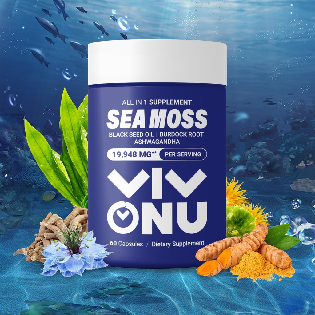 Sea Moss Black Seed Oil Ashwagandha Shilajit Ginger-Sea Moss Capsules avecBurdock Turmeric Vitamines C & D3 Gingembre de mûre ACV Manuka Dandelion-Immune System,Skin,Energy Support