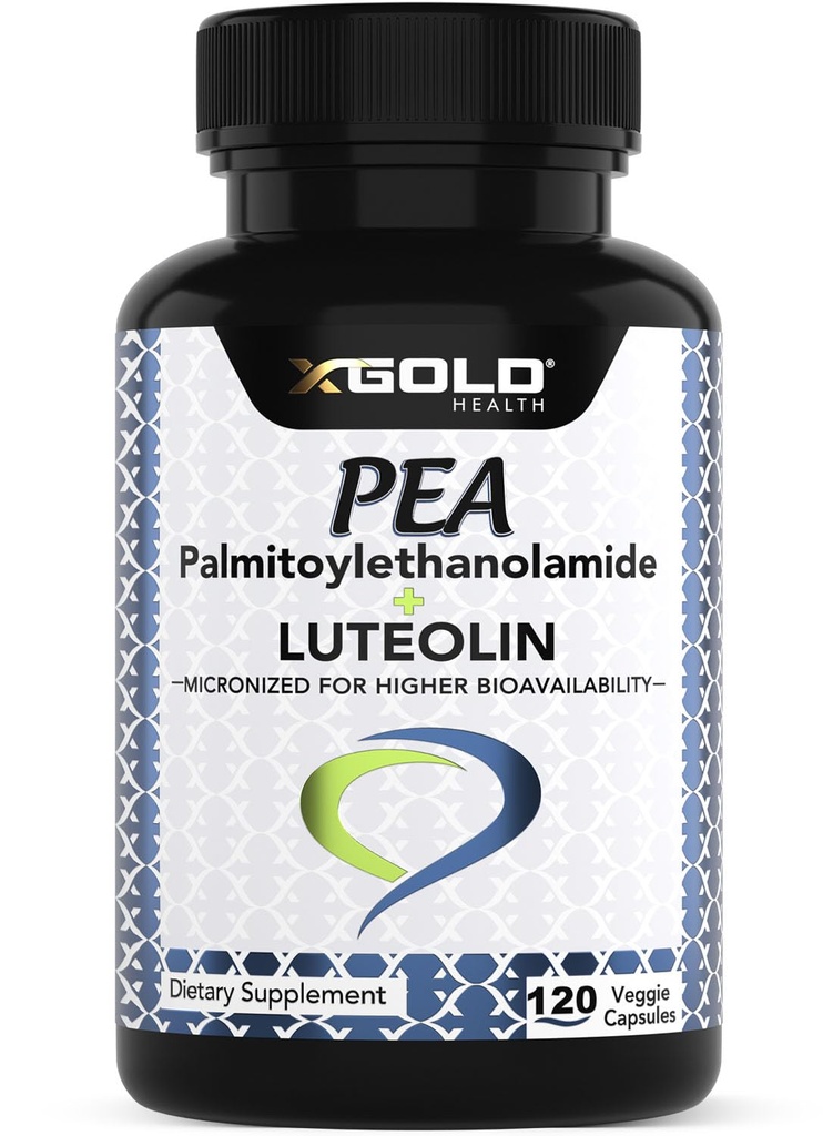 Palmitoyléthanolamide 630 mg + Lutéolin normalisé 98%- Pois micronisés 99% hautement purifiés et biodisponibles - Fabriqué aux États-Unis - Supplément pour hommes et femmes - 120 Capsules de Veggie