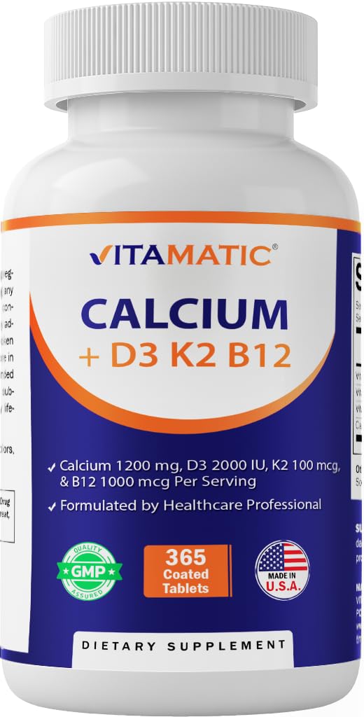 Vitamatic Calcium Supplement 1200 mg met D3, K2 & B12, Immune & Bone Health Support - 365 gecoate tabletten