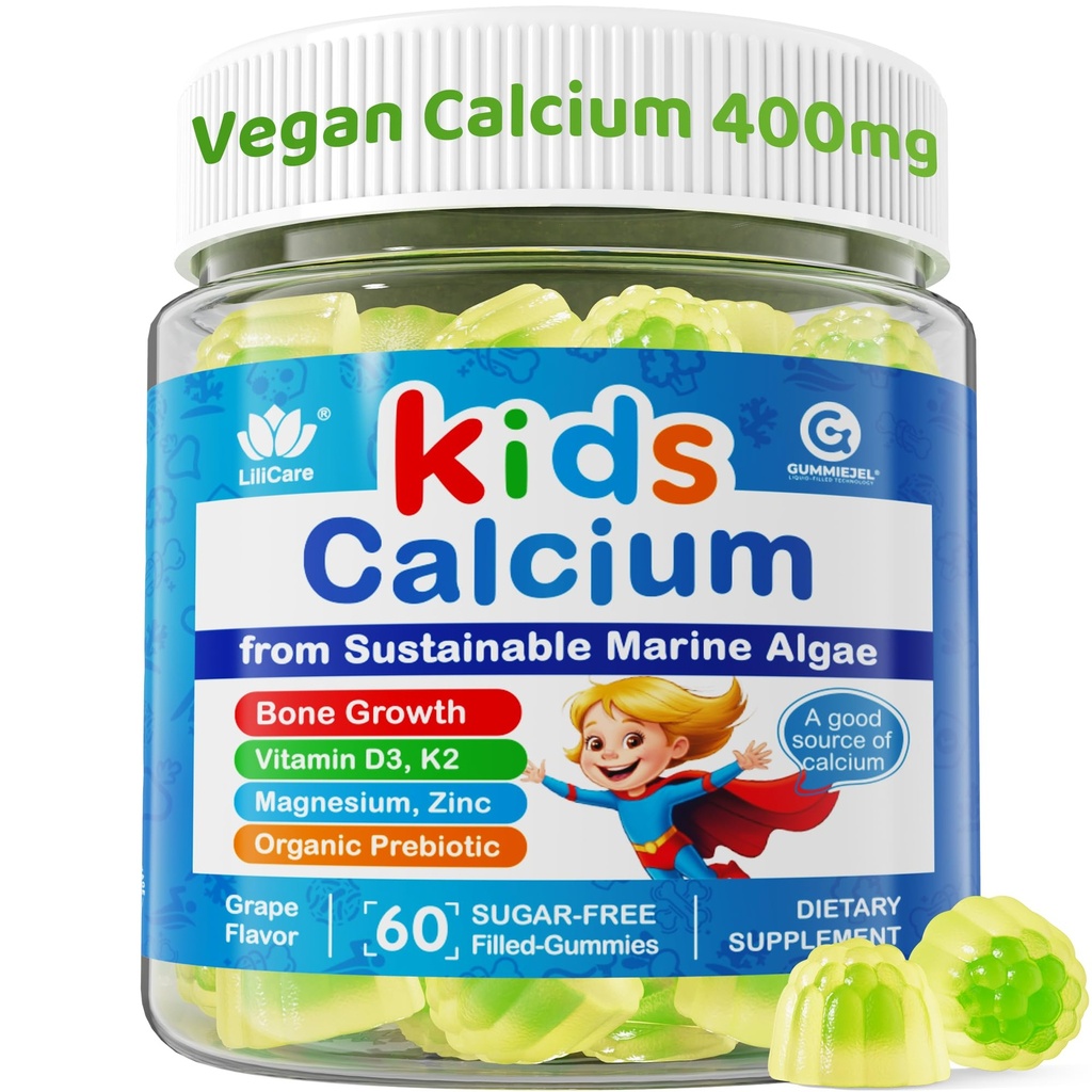 Kids Calcium Gummies + Vitamin D3 K2, Magnesium, Zinc, Extra Absorption Algae Calcium Supplement For Kids Gentle to Stomach, Bone, Teeth, Muscle, Brain, Sugar Free Chewable Kids Vitamins 4+, 60 Counts
