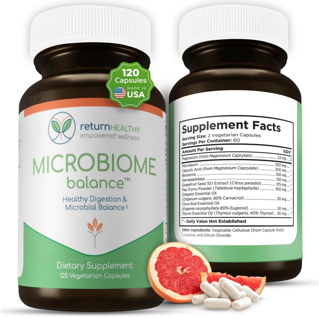 Microbiome Balance, Gut Health Supplementen voor vrouwen en mannen, verteringssupplement met monolaurin en caprylzuur, all-natuurlijke ontgifting Supplement voor de spijsvertering gezondheid, spijsvertering Boost 120 C