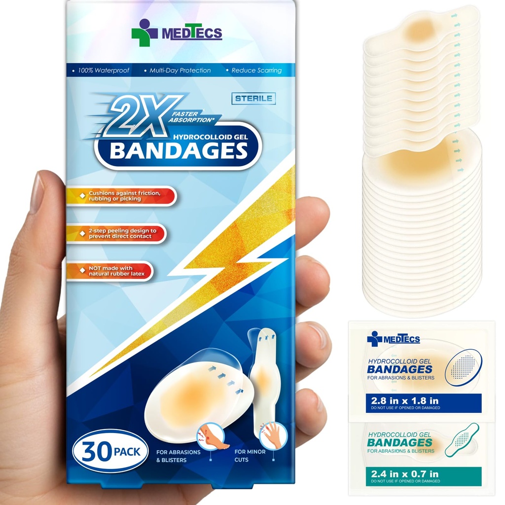 Medtecs Hydrocolloïde Gel Bandage, Ellipse 20ct + Strip 10ct, Lang-Lasting, waterdichte lijm voor eerste hulp, geavanceerde Kussen voor blisterpreventie & Wound Care,2X Fast Healing for Heel,Vingers & Toes