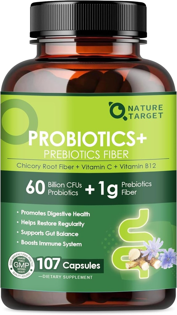 Probiotica voor vrouwen Digestieve gezondheid met prebiotische vezel - vezelsupplement met 60 miljard Probiotica voor Regularity & Gut Cleanse - Ondersteuning Occasional Constipatie - 107 Veggie Capsules