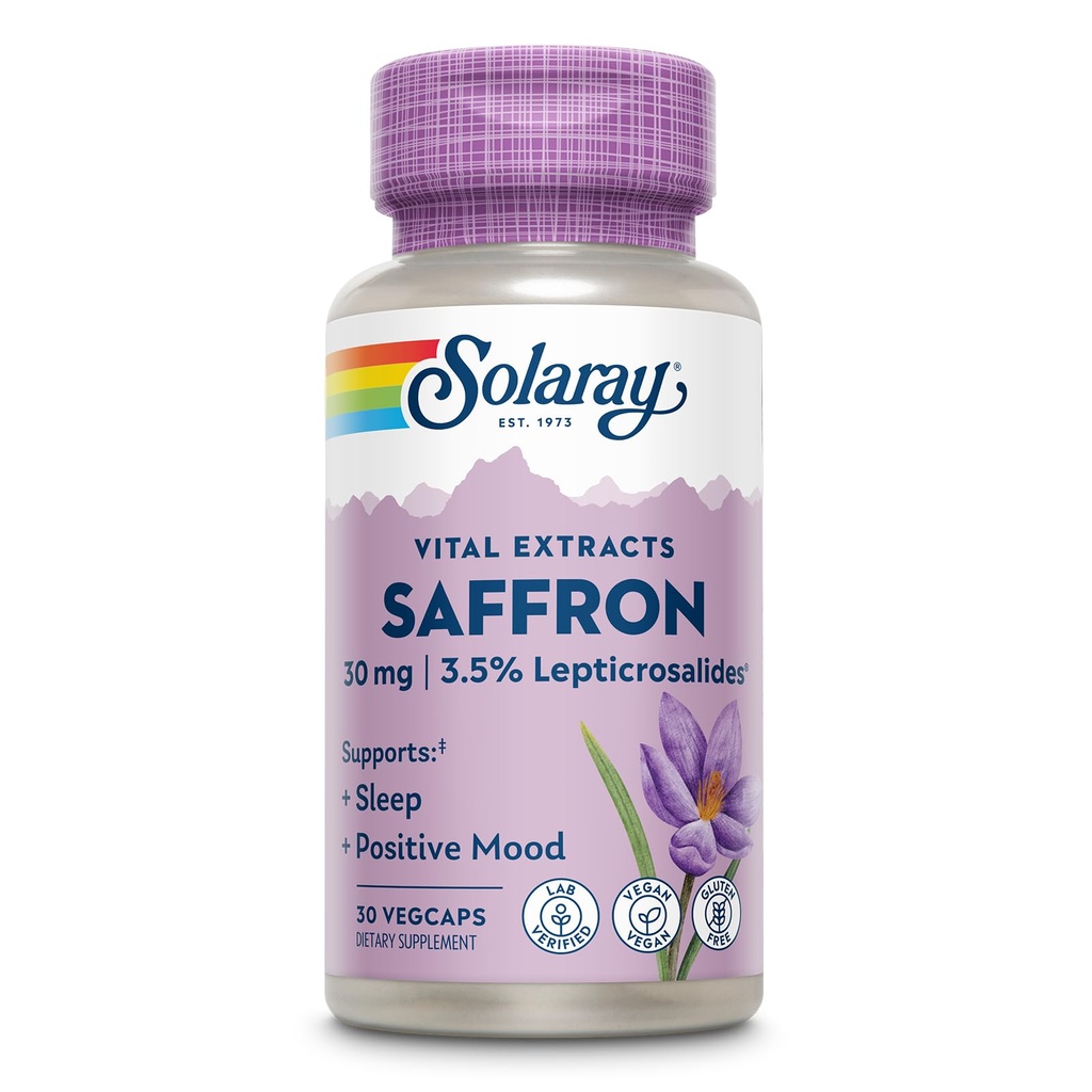 SOLARAY Saffron Extract - Ondersteuning voor slaap en positieve stemming - Veganistische en glutenvrije saffraan supplementen - Lab geverifieerd - 60-dagen garantie - 30 porties, 30 VegCaps