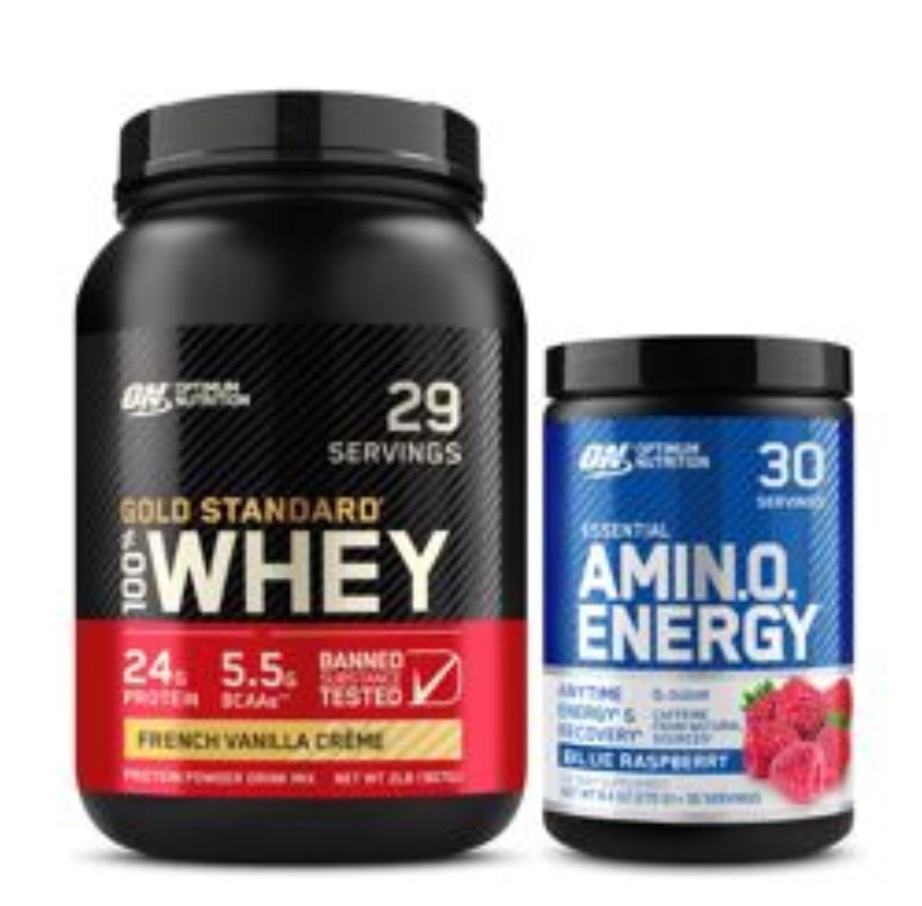 Optimum Nutrition Dynamic Duo Bundle: Amino Energy, Blue Raspberry (30 portions) et Gold Standard 100% Whey Protein Powder, French Vanilla Creme (29 portions)