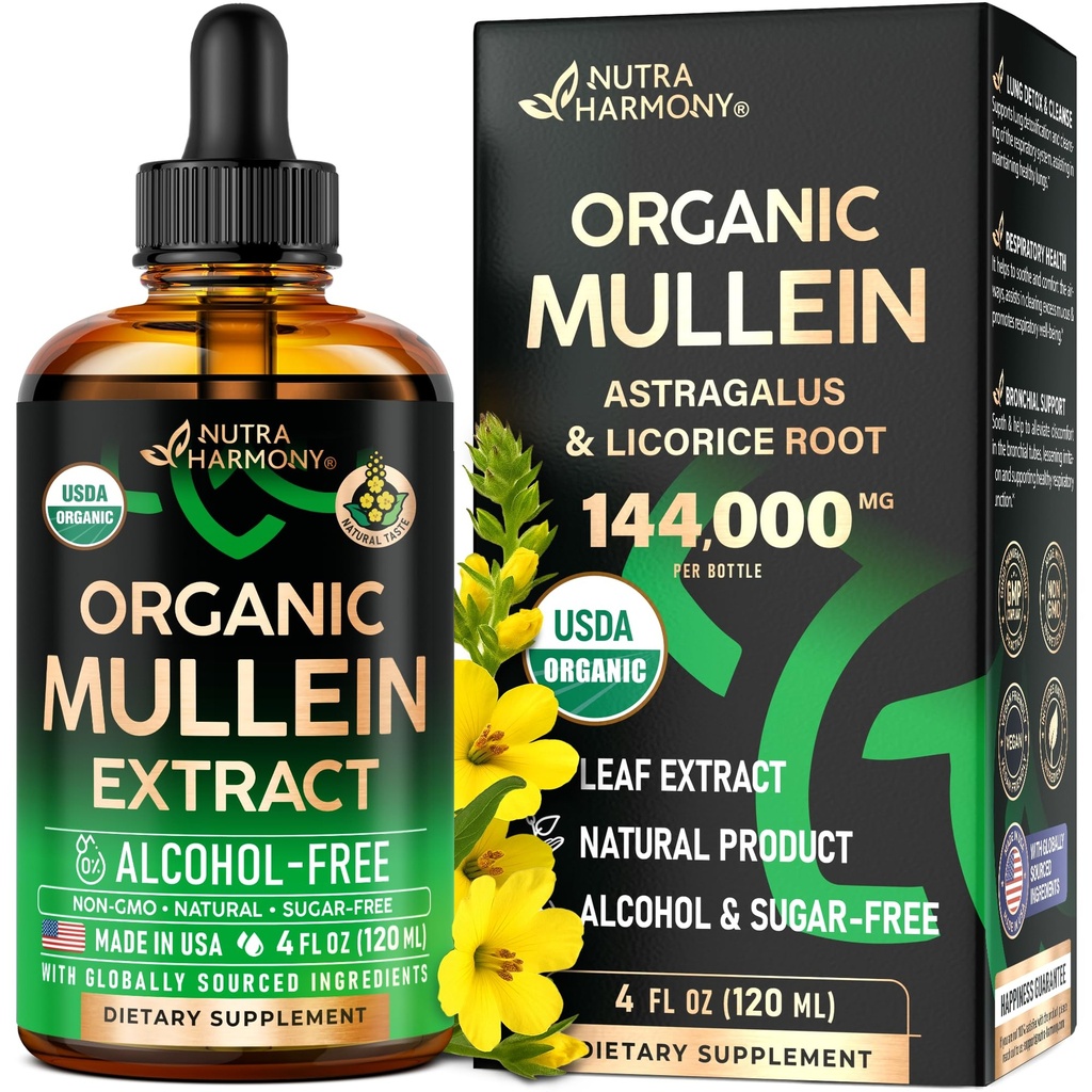 Mullein Drops for Longs - USDA Organic Liquid - Mullein Leaf Extract Supplement - Made in USA - Lung & Bronchial Cleanse for Smokers - Respiratory Health Support - As Tinctuur, Thee, Pillen - 4 fl oz