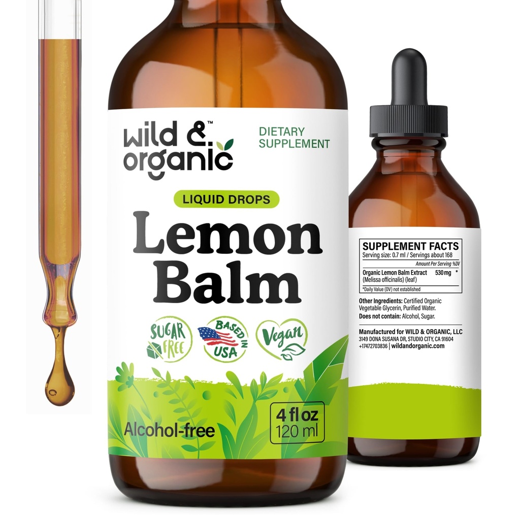 Wild & Organic Lemon Balm Tinctuur - Mood Support Supplement - Melissa Lemon Balm Leaf Extract Drops - Vegan, Sugar & Alcohol-Free Calming Supplement - 4 fl oz