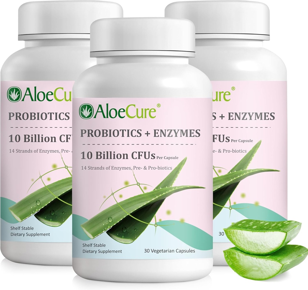 AloëCure Daily Probiotica 10 miljard CFU voor Digestieve Ondersteuning 8 Strains, 6 Prebiotica & Enzymen - Digestief Supplement met Bromelain voor vrouwen & Mannen - Gut Support, Digestieve Relief, 30 Caps x 3btls