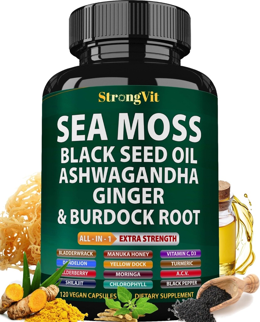 Sea Moss Black Seed Oil Ashwagandha Ginger, Capsules de mousse de mer biologique avec racine de Burdock, Pills irlandais avec Bladderwrack, Turmeric, Shilajit, Supplément multiminéral, États-Unis (120 Capsules)