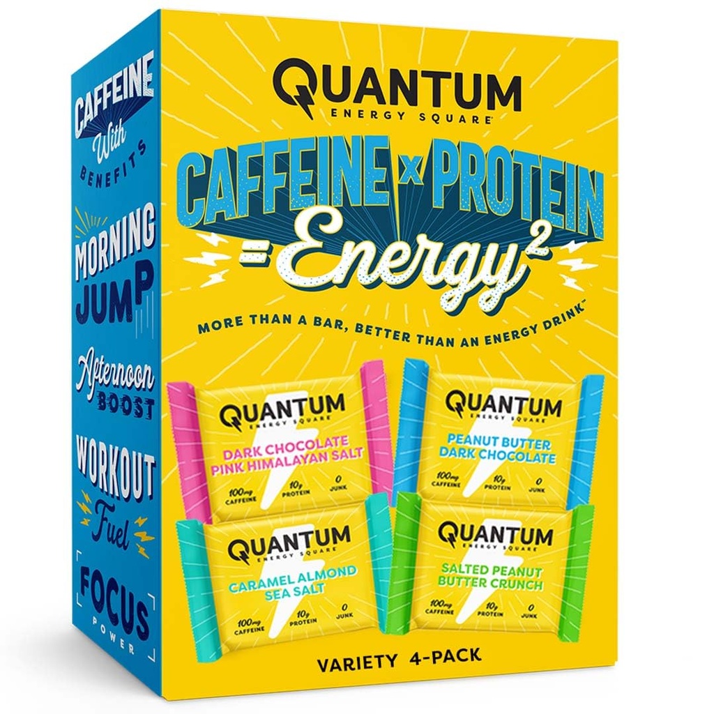 Quantum Energy Square - Energy Bar met Cafeïne & 10g proteïne, gezonde snack onderweg - Veganistisch, glutenvrij, sojavrij en zuivelvrij - Variëteit 4-pack