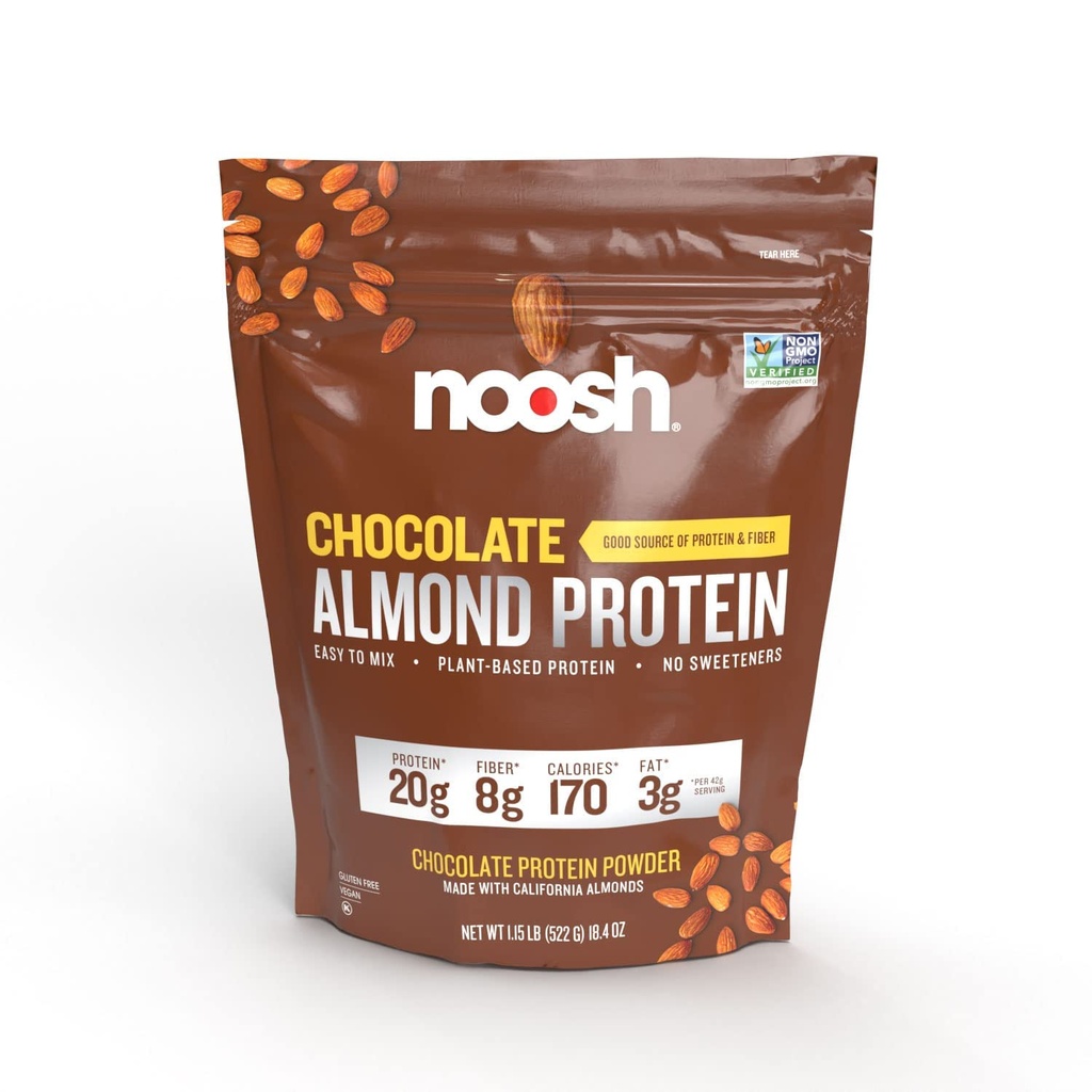 NOOSH Plant Based Amandel Proteïne Poeder Chocolade 43 Gram - Vegan Proteïne Poeder, Alle natuurlijke ingrediënten, Non-GMO, Glutenvrij, Kosjer, Pindavrij, Sojavrij, Melkvrij (chocolade)