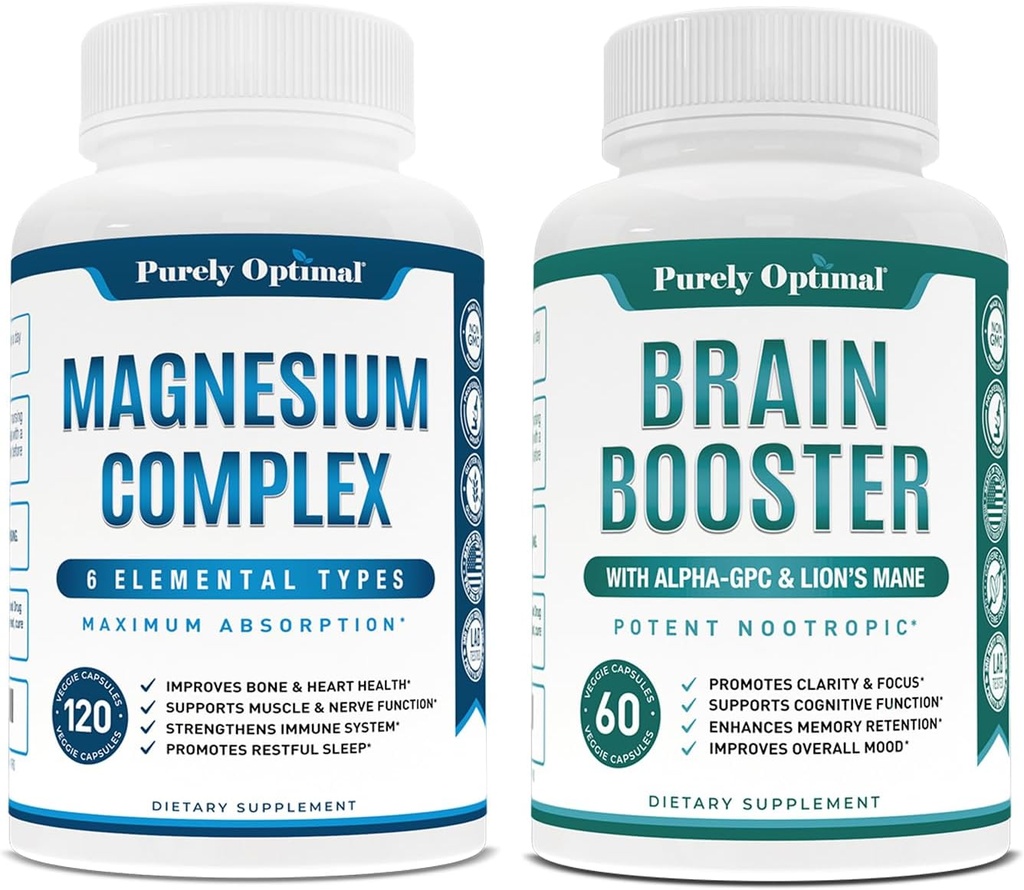 Magnesium Complex Supplement - Citrate, Malate, Taurate, Oxide, Bisglycinate Chelate, Aspartate + Brain Supplement - Nootrope Brain Booster voor Focus, Duidelijkheid, Verbeterd Geheugen, Concentratie