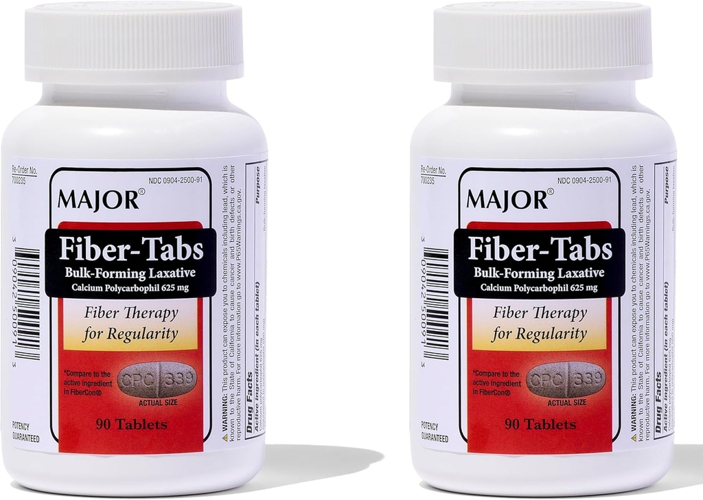 MAJOR Fiber-Tabs 625 Mg Tablets - Fiber Therapy for Regularity - Occasional Constipatie Relief for Adults - 90 Tel (2 Pack)