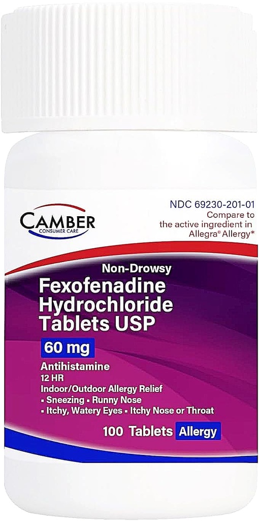 Camber Non-Drowsy Fexofenadine Antihistamine Indoor Outdoor Allergie Relief Tablets 60Mg 100 Tel.