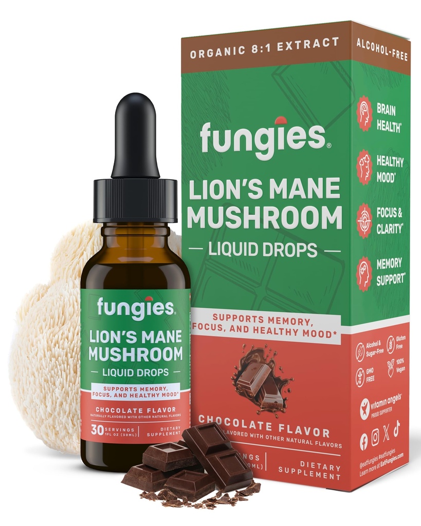 Fungies Lion's Mane Mushroom Liquid Drops, Chocolade - Tinctuur met Lions Mane Extract Ondersteunt Hersen Fog, Focus, Geheugen & gezonde Mood - Mushroom Complex Supplement voor volwassenen - 30 porties