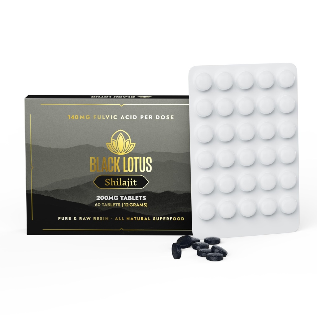 Comprimés de résine de Lotus Shilajit noir, 60 comtes, 200mg Chacun, 100% de Shilajit naturel pur pour les hommes et les femmes avec des acides aminés, 140mg acide fulvic, 85 minéraux de trace ionique, pour le soutien immunitaire, Focus, énergie