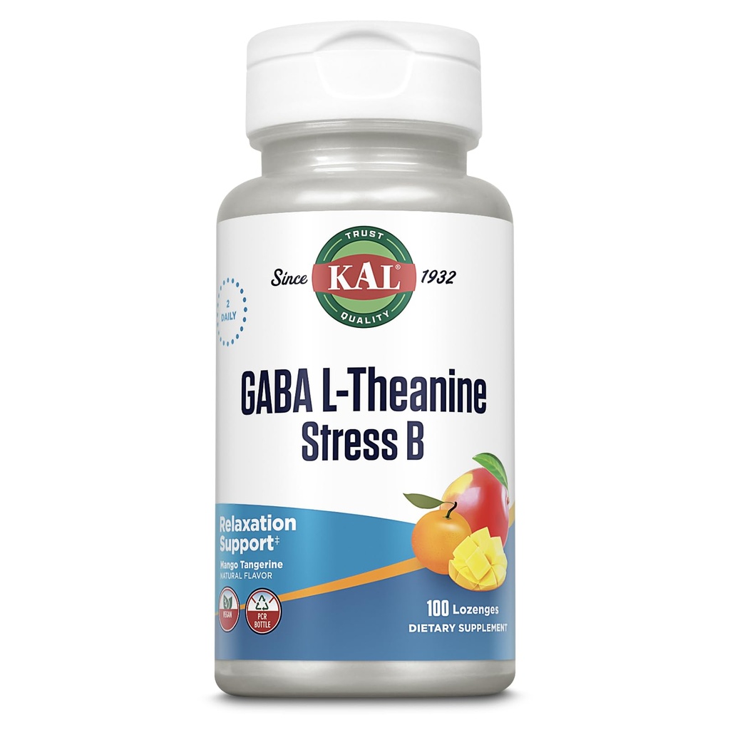 KAL GABA L-Theanine Stress B Lozenge, B supplément de vitamine complexe, relaxation saine, mood & Focus Support, Mango Tangerine Flavor, Vegan, 50 portions, 100 Lozenges
