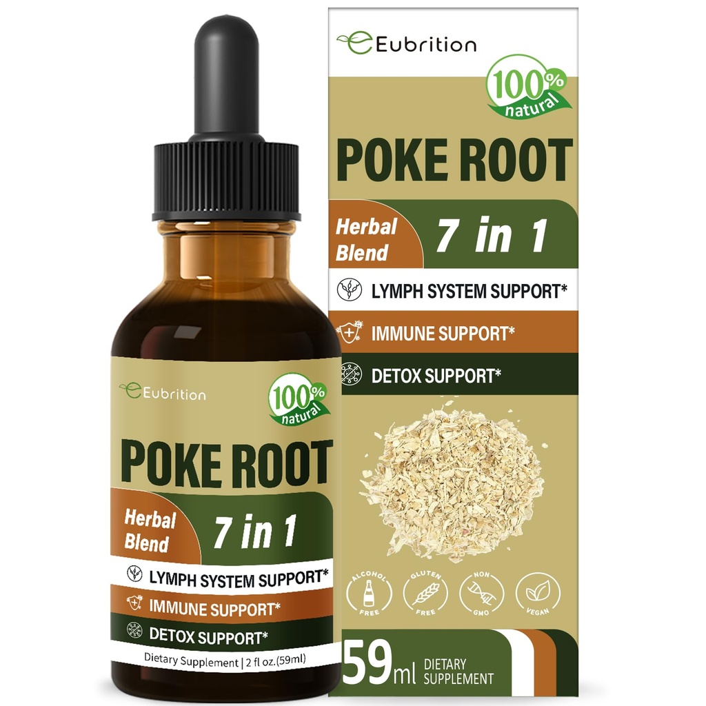 Poke Root Drops voor Lymph System Ondersteuning, Lymphatische Drainage Supplement voor Lymphoedeem, 7 in 1 Formule met Goldenseal Extract voor Immune Ondersteuning, Dandelion voor Detox & Reiniging. 2oz