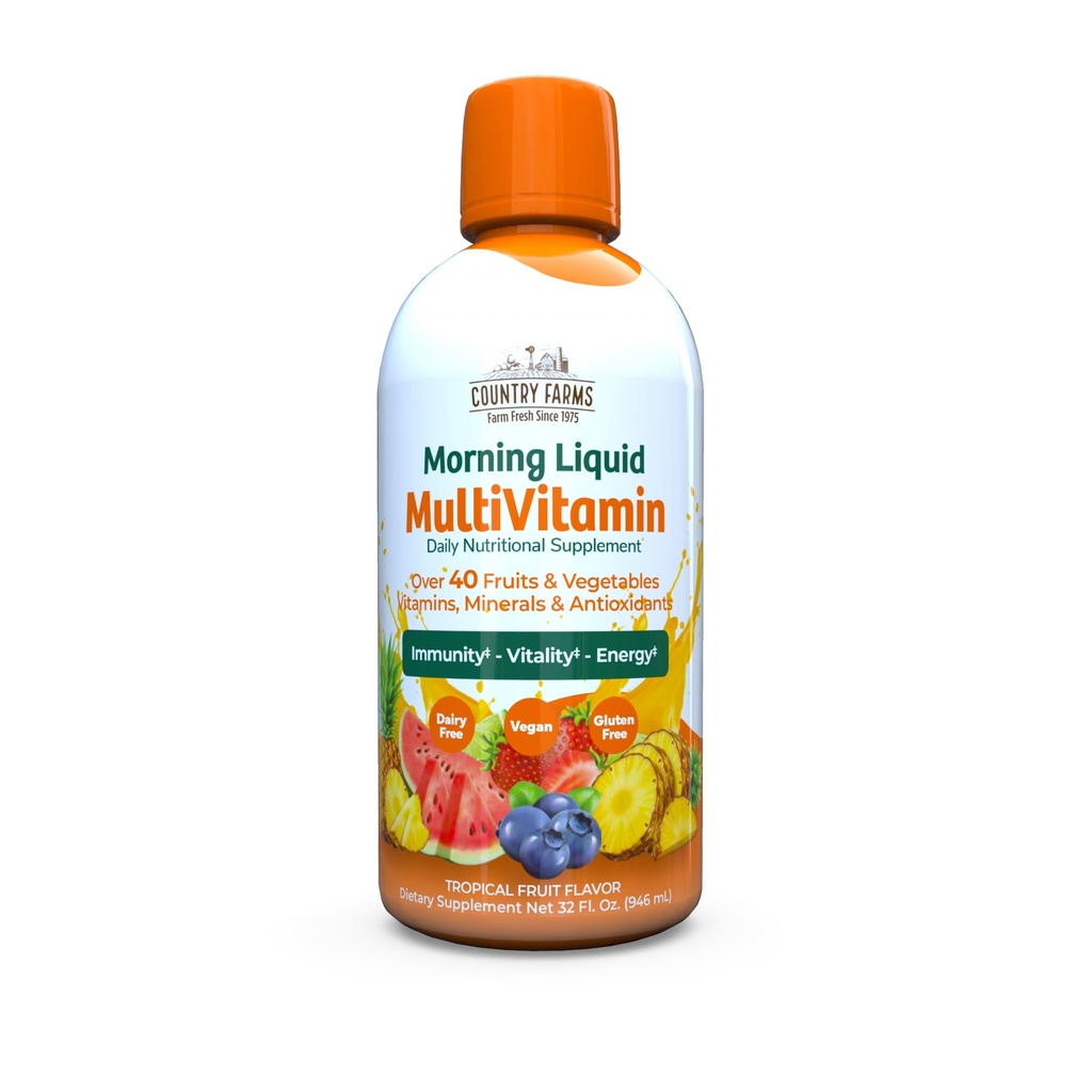 Fermes de campagne Multivitamine liquide, vitamines et minéraux pour le soutien immunitaire et l'énergie, mélange à base de plantes, végétalien, multivitamine pour les femmes et les hommes, sans gluten, saveur de fruits tropicaux, 32 fl oz