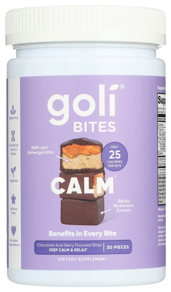 Goli Nutrition Calme Ashwagandha Bites Chocolat açai Berry Flavor, caféiné, végétarien, sans gluten et sans conservateurs ajoutés, 30 pièces (paquet de 1)