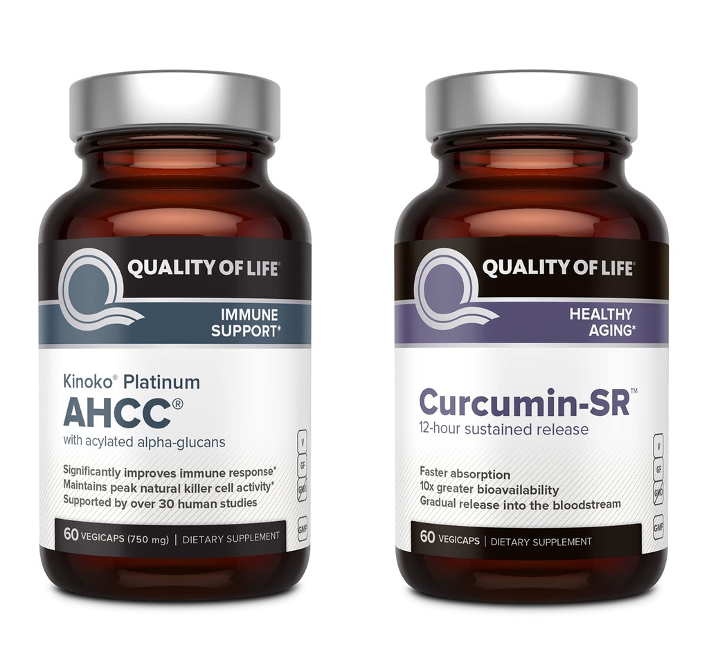 Kwaliteit van het leven Kinoko Platinum AHCC Mushroom Extract en Microactive Curcumin SR - Immune Bundle