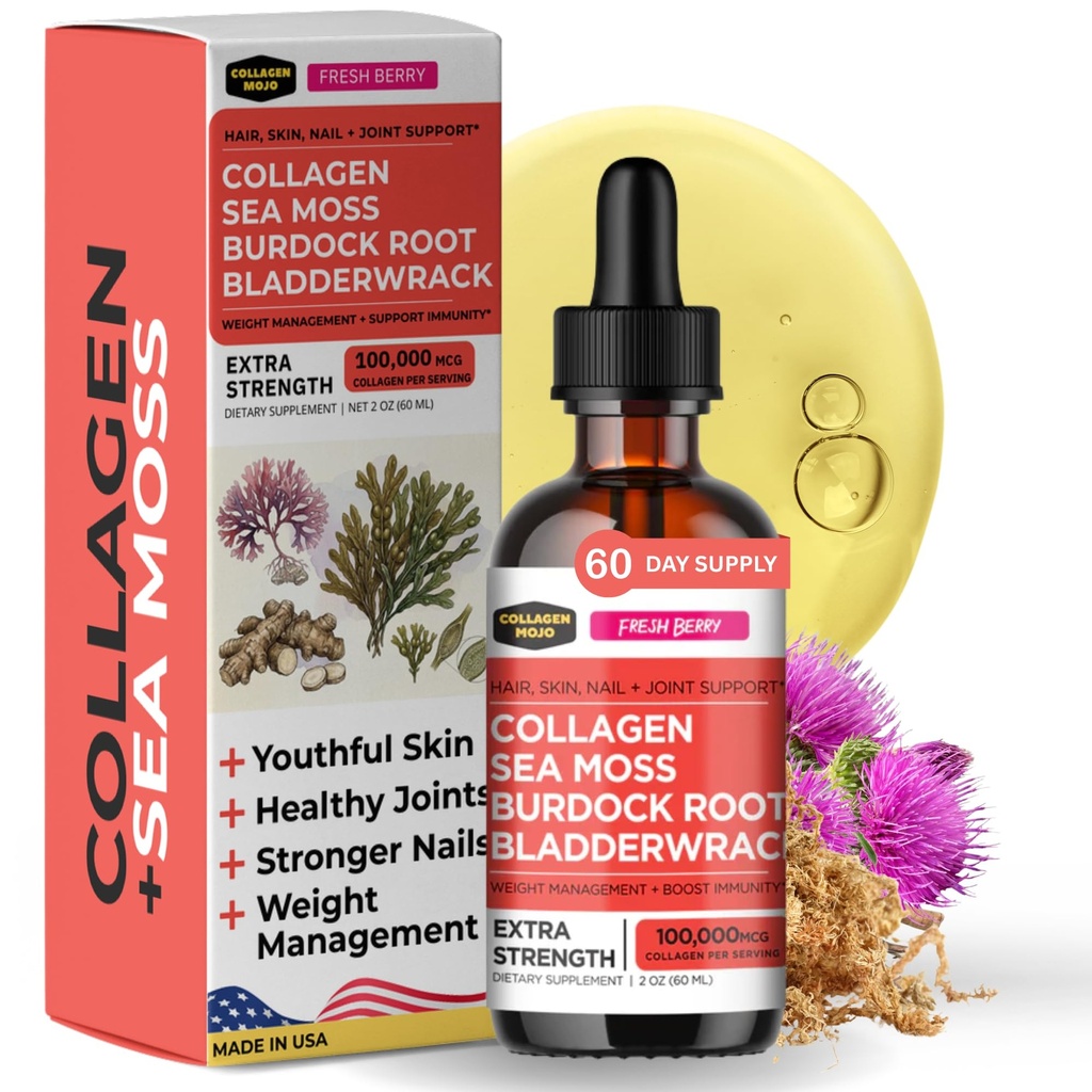 Collageen Mojo - Liquid Collageen for Women & Men, Collageen Peptides with Sea Moss, Burdock Root & Bladderwrack - Hair, Skin, Nails, Joint Support, Weight Management, High Absorptie - 100.000mcg, 2 Oz