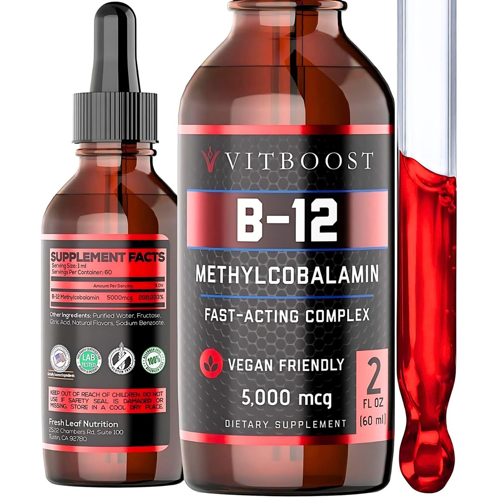 Liquid B-12 gouttes – 60 x 5000 mcg Extra Strength Framboise aromatisée vitamine B12 liquide méthylcobalamine supplément sublingual