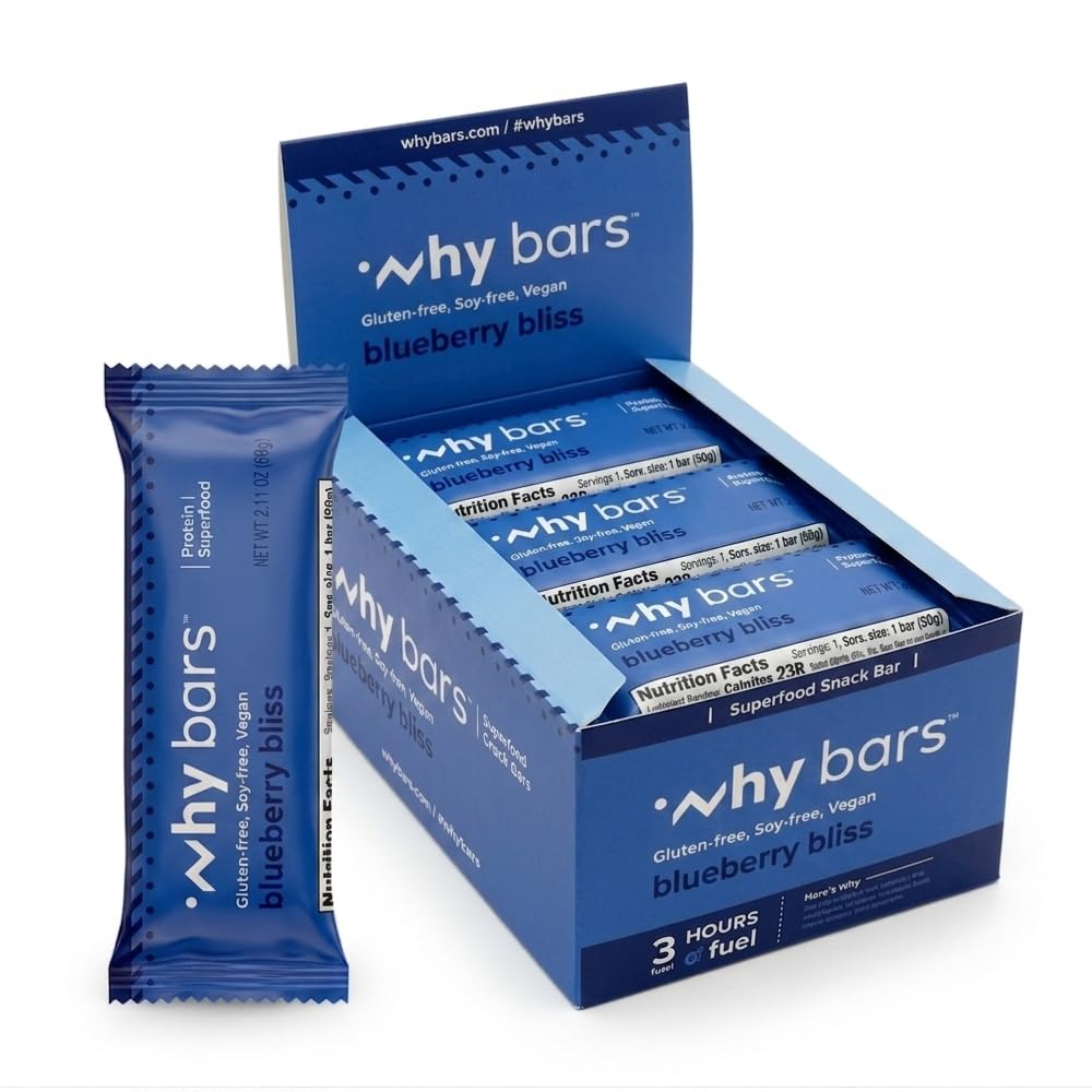 Waarom Bars, Proteïne Bars, Blueberry Bliss, 2.04 Ounce Bars (pakket van 12 proteïne Bars) - Proteïne Bar Superfood, Glutenvrij, Niet GGO, Biologische, Veganistische, eenvoudige ingrediënten