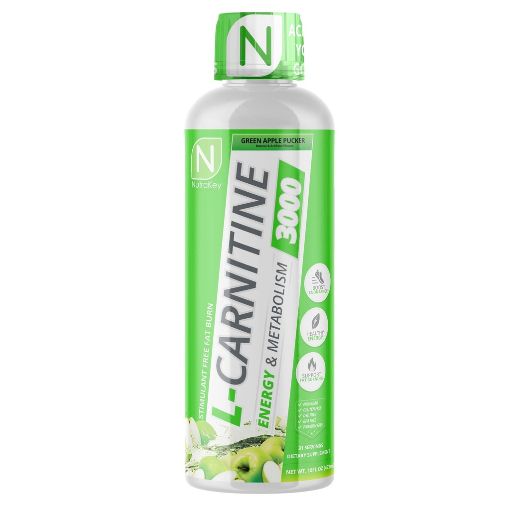 NutraKey L-Carnitine 3000mg, Geen suiker, Glutenvrij, Turn Into Fuel, (Groene Apple) 31 porties