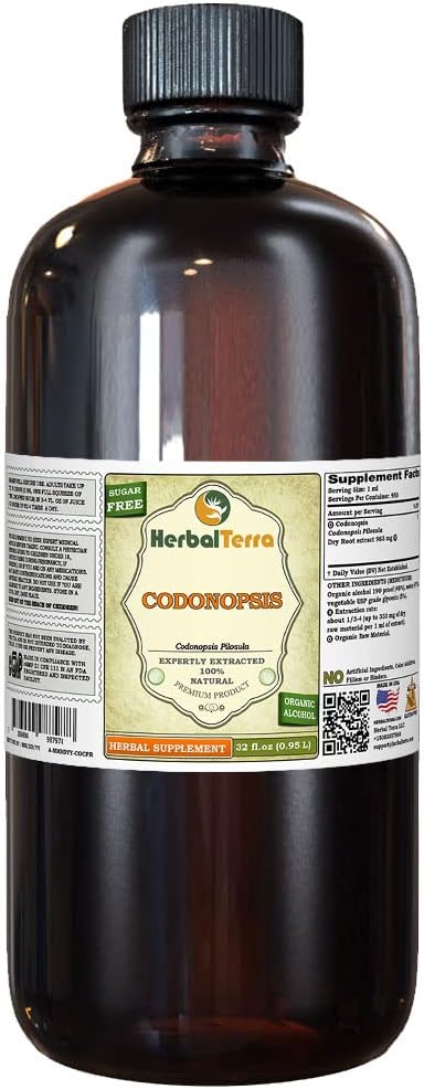 Codonopsis (Codonopsis Pilosula) Teinture, extrait liquide de racine séchée biologique (Marque: HerbalTerra, Fièrement fabriqué aux États-Unis) 32 fl.oz (0.95 l)