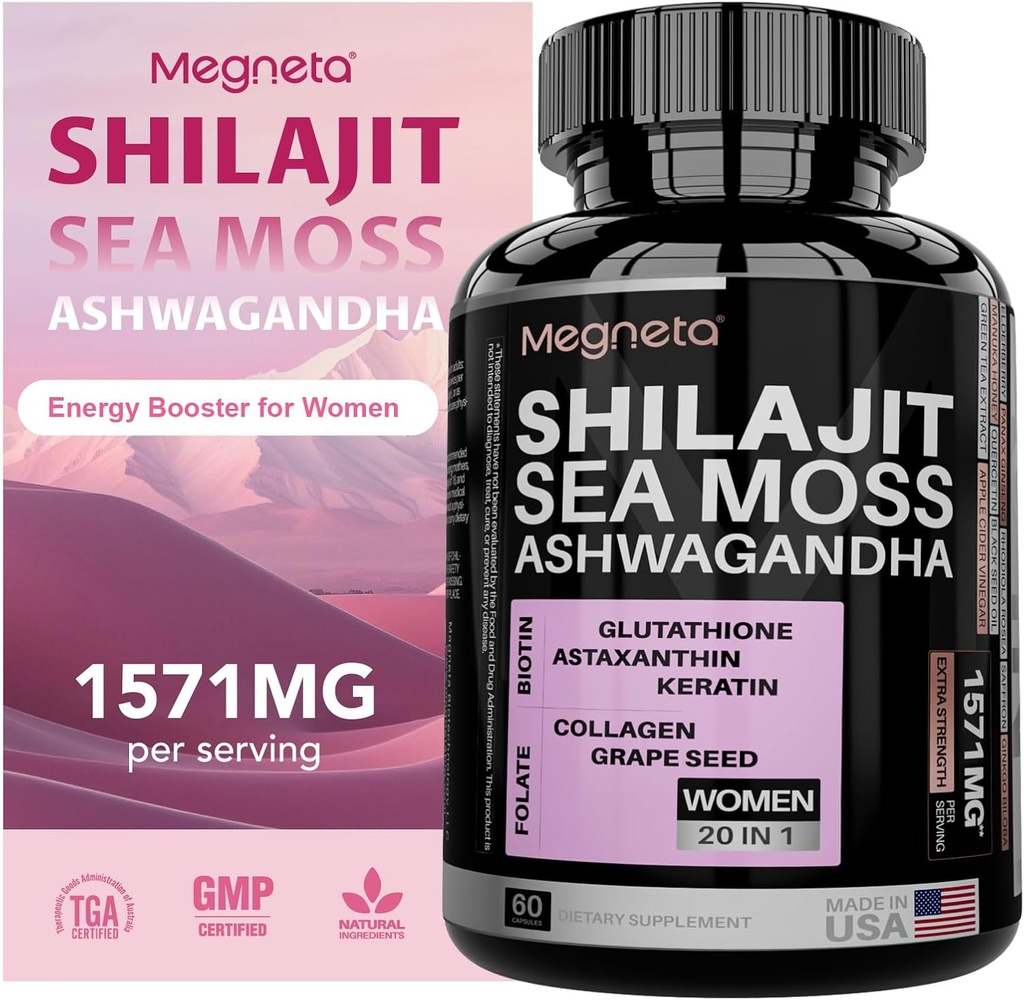 All-in-One Sea Moss, Shilajit, Ashwagandha & Glutathion supplement voor vrouwen, Boosts Energy, 60 capsules