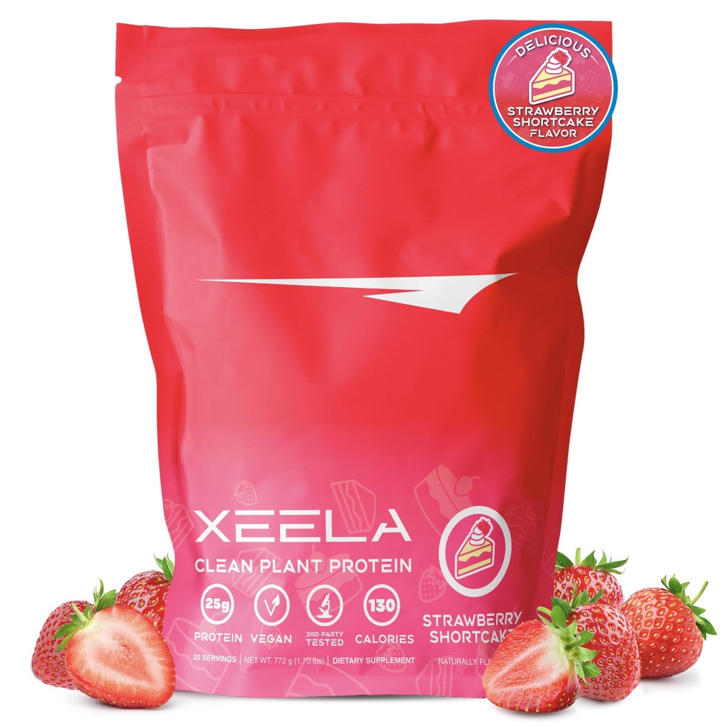 XEELA Plant Based Vegan Protein Powder - Onafhankelijk getest - 25 g hoog eiwit, Pea Proteïne voor mannen en vrouwen - Vitaminen en mineralen, niet genetisch gemodificeerd, zuivel en glutenvrij, laag koolstofgehalte en laag vetgehalte (aardbeicake)