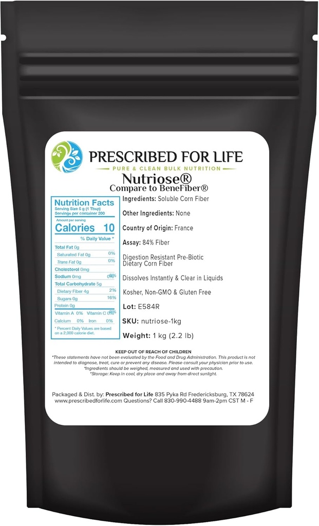 Poudre de nutriose prescrite pour la vie, supplément de fibre naturelle, fibre de maïs soluble prébiotique pour adultes, sans gluten, végétalien, non OGM (1kg / 2,2lb)