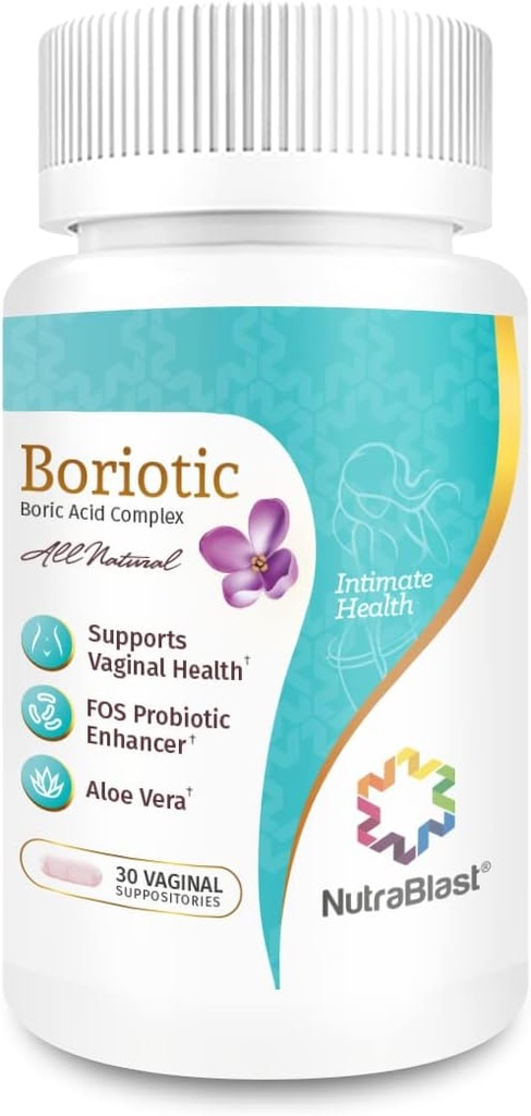 NutraBlast Acide borique Suppositoires vaginales Complexe avec/Aloe Vera et FOS Enhancer prébiotique , Tous les boriotiques naturels , Fabriqués aux États-Unis (30 Compte)